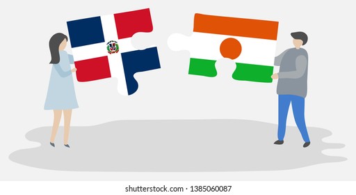 Couple holding two puzzles pieces with Dominican and Nigerien flags. Dominican Republic and Niger national symbols together.