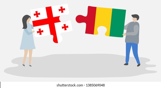 Couple holding two puzzles pieces with Georgian and Guinean flags. Georgia and Guinea national symbols together.