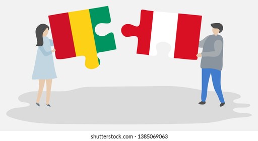 Couple holding two puzzles pieces with Guinean and Peruvian flags. Guinea and Peru national symbols together.