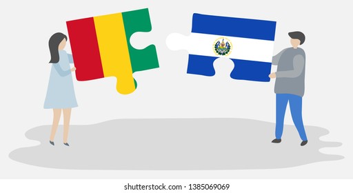 Couple holding two puzzles pieces with Guinean and Salvadoran flags. Guinea and El Salvador national symbols together.