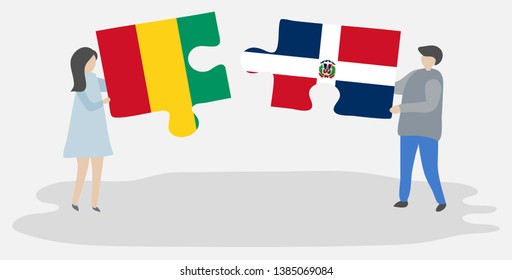 Couple holding two puzzles pieces with Guinean and Dominican flags. Guinea and Dominican Republic national symbols together.