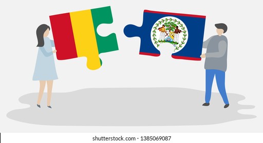 Couple holding two puzzles pieces with Guinean and Belizean flags. Guinea and Belize national symbols together.
