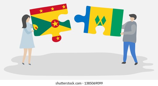 Couple holding two puzzles pieces with Grenadian and Vincentian flags. Grenada and Saint Vincent and the Grenadines national symbols together.