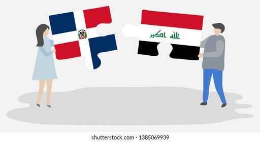 Couple holding two puzzles pieces with Dominican and Iraqi flags. Dominican Republic and Iraq national symbols together.