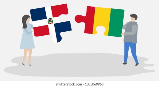 Couple holding two puzzles pieces with Dominican and Guinean flags. Dominican Republic and Guinea national symbols together.