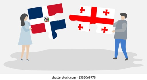 Couple holding two puzzles pieces with Dominican and Georgian flags. Dominican Republic and Georgia national symbols together.