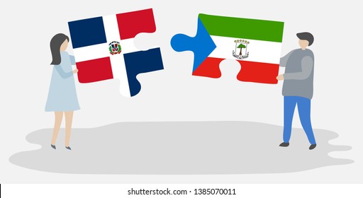 Couple holding two puzzles pieces with Dominican and Equatorial Guinean flags. Dominican Republic and Equatorial Guinea national symbols together.