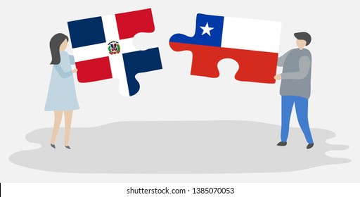 Couple holding two puzzles pieces with Dominican and Chilean flags. Dominican Republic and Chile national symbols together.
