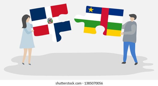 Couple holding two puzzles pieces with Dominican and Central African flags. Dominican Republic and Central African Republic national symbols together.