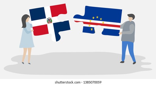 Couple holding two puzzles pieces with Dominican and Cabo Verdean flags. Dominican Republic and Cape Verde national symbols together.