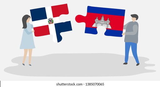 Couple holding two puzzles pieces with Dominican and Cambodian flags. Dominican Republic and Cambodia national symbols together.
