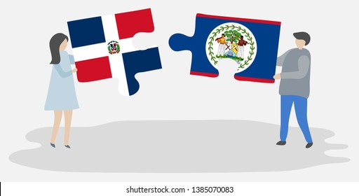 Couple holding two puzzles pieces with Dominican and Belizean flags. Dominican Republic and Belize national symbols together.