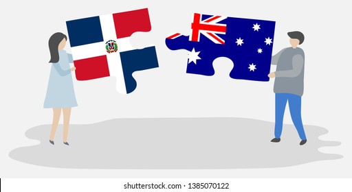 Couple holding two puzzles pieces with Dominican and Australian flags. Dominican Republic and Australia national symbols together.