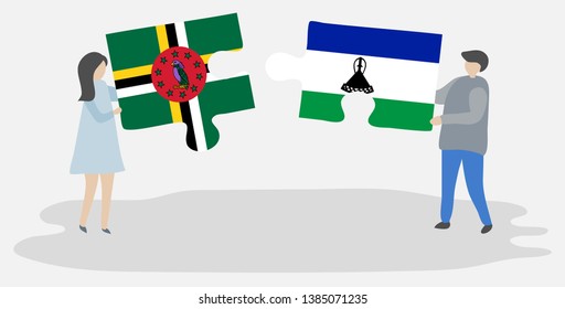 Couple holding two puzzles pieces with Dominican and Basotho flags. Dominica and Lesotho national symbols together.