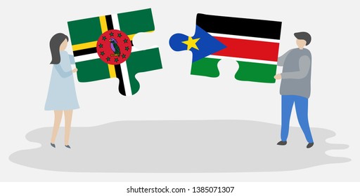 Couple holding two puzzles pieces with Dominican and South Sudanese flags. Dominica and South Sudan national symbols together.