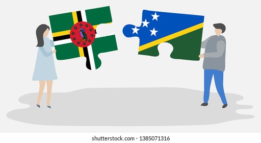 Couple holding two puzzles pieces with Dominican and Solomon Island flags. Dominica and Solomon Islands national symbols together.