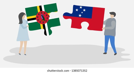 Couple Holding Two Puzzles Pieces With Dominican And Samoan Flags. Dominica And Samoa National Symbols Together.