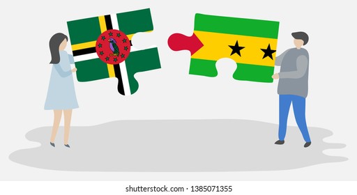 Couple holding two puzzles pieces with Dominican and Sao Tomean flags. Dominica and Sao Tome and Principe national symbols together.