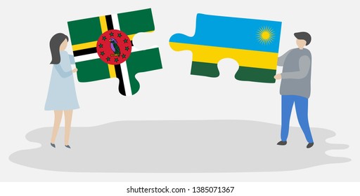 Couple holding two puzzles pieces with Dominican and Rwandan flags. Dominica and Rwanda national symbols together.
