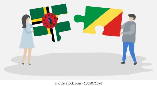 Couple holding two puzzles pieces with Dominican and Congolese flags. Dominica and Republic of the Congo national symbols together.