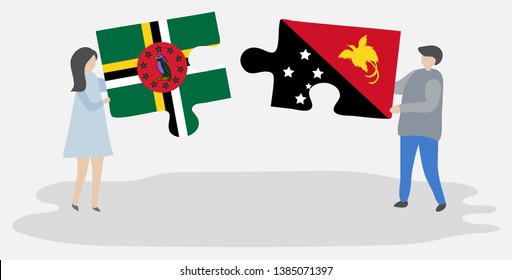 Couple holding two puzzles pieces with Dominican and Papuan flags. Dominica and Papua New Guinea national symbols together.
