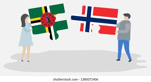 Couple holding two puzzles pieces with Dominican and Norwegian flags. Dominica and Norway national symbols together.