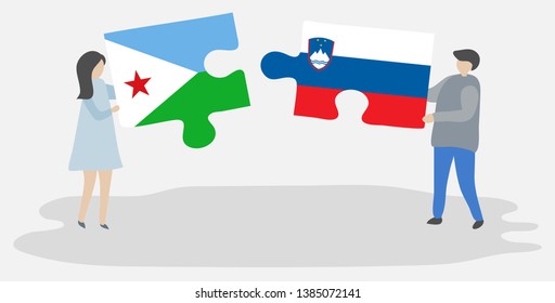 Couple holding two puzzles pieces with Djiboutian and Slovenian flags. Djibouti and Slovenia national symbols together.