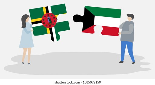 Couple holding two puzzles pieces with Dominican and Kuwaiti flags. Dominica and Kuwait national symbols together.