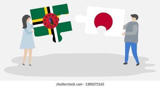 Couple holding two puzzles pieces with Dominican and Japanese flags. Dominica and Japan national symbols together.