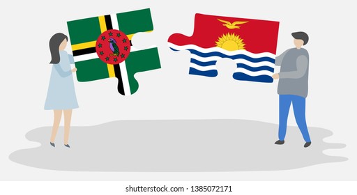 Couple holding two puzzles pieces with Dominican and I-Kiribati flags. Dominica and Kiribati national symbols together.