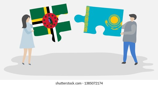 Couple holding two puzzles pieces with Dominican and Kazakh flags. Dominica and Kazakhstan national symbols together.