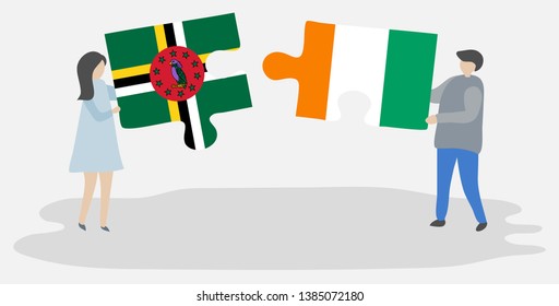 Couple holding two puzzles pieces with Dominican and Ivorian flags. Dominica and Ivory Coast national symbols together.