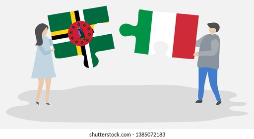 Couple holding two puzzles pieces with Dominican and Italian flags. Dominica and Italy national symbols together.