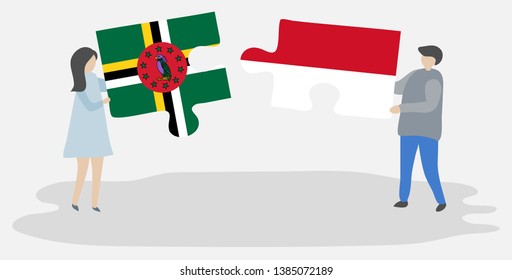 Couple holding two puzzles pieces with Dominican and Indonesian flags. Dominica and Indonesia national symbols together.