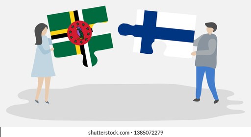 Couple holding two puzzles pieces with Dominican and Finnish flags. Dominica and Finland national symbols together.