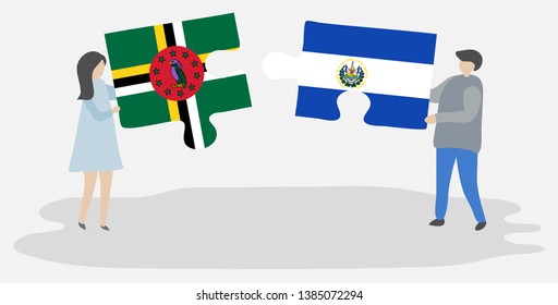 Couple holding two puzzles pieces with Dominican and Salvadoran flags. Dominica and El Salvador national symbols together.