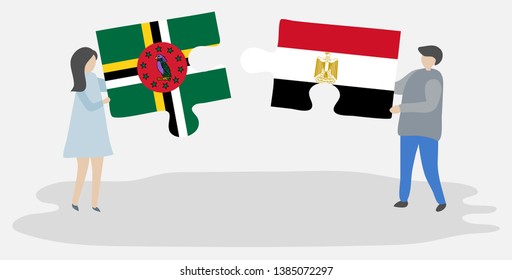 Couple holding two puzzles pieces with Dominican and Egyptian flags. Dominica and Egypt national symbols together.