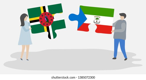 Couple holding two puzzles pieces with Dominican and Equatorial Guinean flags. Dominica and Equatorial Guinea national symbols together.