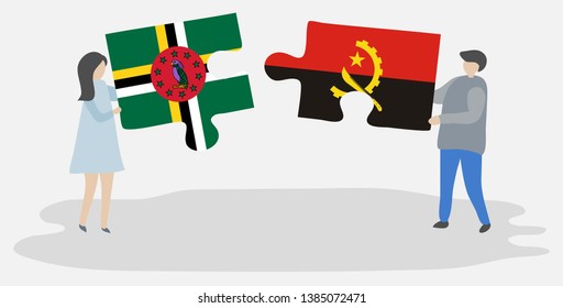 Couple holding two puzzles pieces with Dominican and Angolan flags. Dominica and Angola national symbols together.