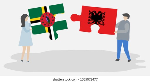 Couple holding two puzzles pieces with Dominican and Albanian flags. Dominica and Albania national symbols together.