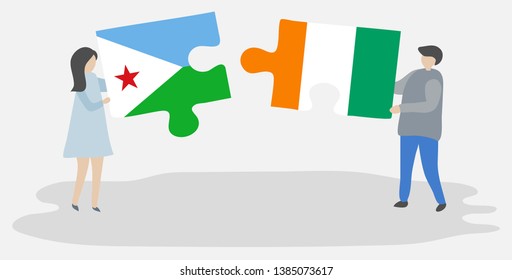 Couple holding two puzzles pieces with Djiboutian and Ivorian flags. Djibouti and Ivory Coast national symbols together.