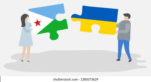 Couple holding two puzzles pieces with Djiboutian and Ukrainian flags. Djibouti and Ukraine national symbols together.