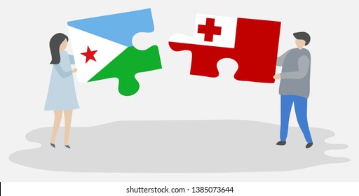 Couple holding two puzzles pieces with Djiboutian and Tongan flags. Djibouti and Tonga national symbols together.