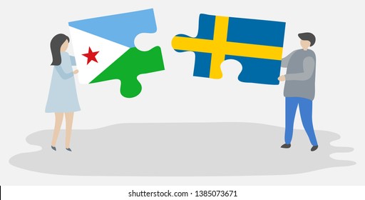 Couple holding two puzzles pieces with Djiboutian and Swedish flags. Djibouti and Sweden national symbols together.
