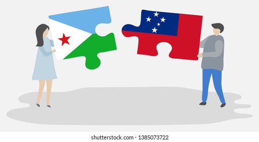 Couple Holding Two Puzzles Pieces With Djiboutian And Samoan Flags. Djibouti And Samoa National Symbols Together.