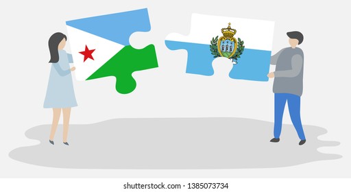Couple holding two puzzles pieces with Djiboutian and Sammarinese flags. Djibouti and San Marino national symbols together.