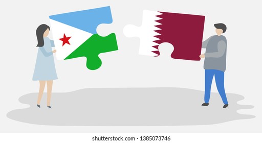 Couple holding two puzzles pieces with Djiboutian and Qatari flags. Djibouti and Qatar national symbols together.