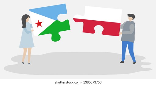 Couple holding two puzzles pieces with Djiboutian and Polish flags. Djibouti and Poland national symbols together.