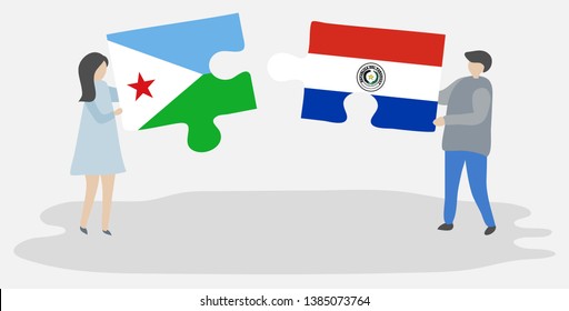Couple holding two puzzles pieces with Djiboutian and Paraguayan flags. Djibouti and Paraguay national symbols together.