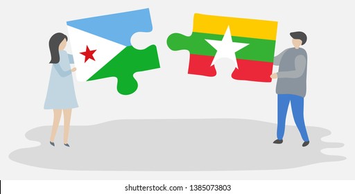 Couple holding two puzzles pieces with Djiboutian and Burmese flags. Djibouti and Myanmar national symbols together.